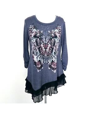 Cato Asymetrical Embellished Butterfly Flowy 3/4 Sleeve Top Size Large